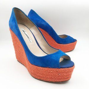 BRIAN ATWOOD Blue Orange Rope Platform Wedge Peep Toe High Heels Womens 8.5